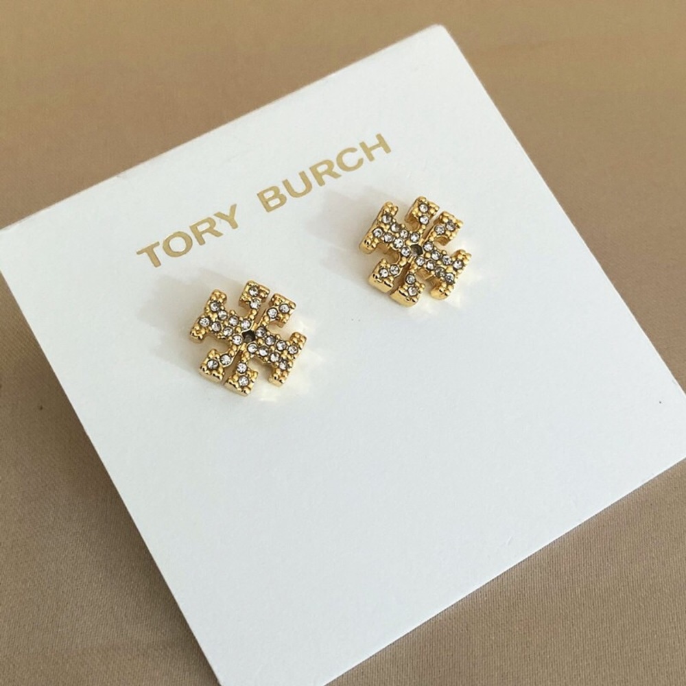 Tory Burch Logo gold crystal stud earrings